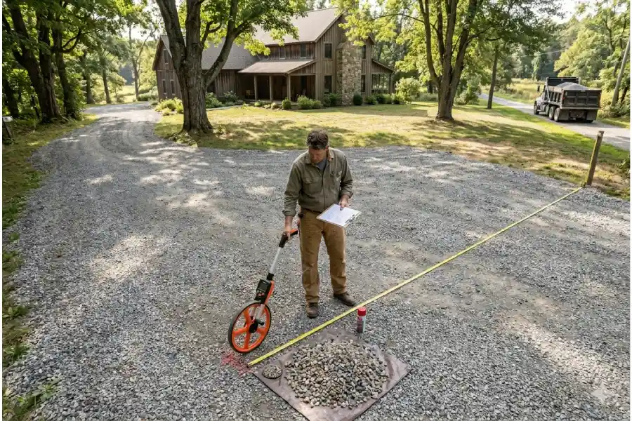 A man is measuring a gravel driveway with a measuring wheel for a How to Measure a Driveway for Gravel project.