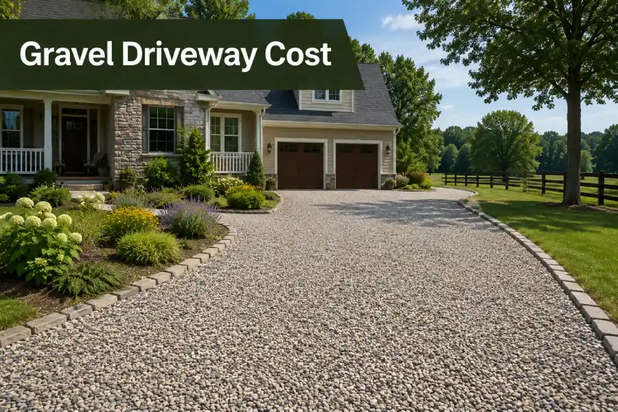 A beautifully landscaped home featuring a stone-bordered gravel driveway, with a text overlay reading Gravel Driveway Cost.