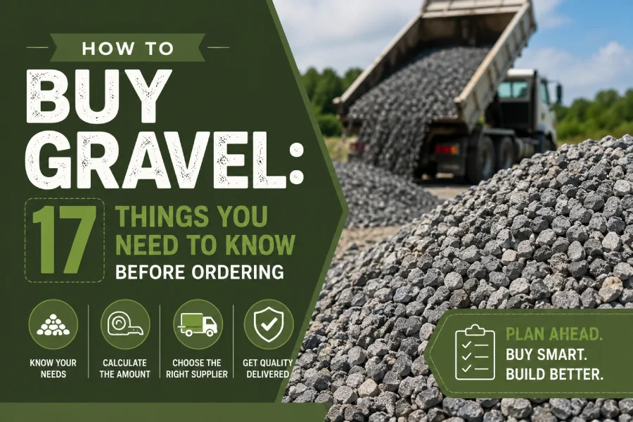 Blog guide infographic titled How to Buy Gravel, featuring a dump truck unloading a pile of stone.